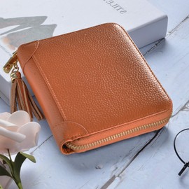 Easyoulife Womens Credit Card Holder Wallet Zip Leather Card Case RFID Blocking (Brown)