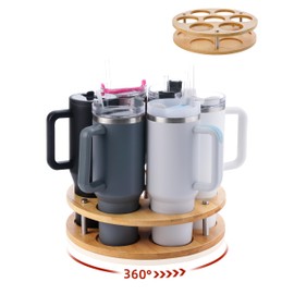 7 Slots Rotating Wood Tumbler Organizer, 30 oz 40 oz Spinning Turnable Tumblers Holder, 360° Rotatable Large Cup Bottle Tumbler Storage Display Stand, Rotate Syrup Organizer for Cabinet Countertop