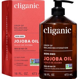 Cliganic Aceite de Jojoba Orgánico 100% Puro - Certificado USDA – Vegano, Sin OMG, Prensado en Frío – Para Piel, Rostro y Cabello (Amarillo, Paquete de 1 (16oz), Jojoba)