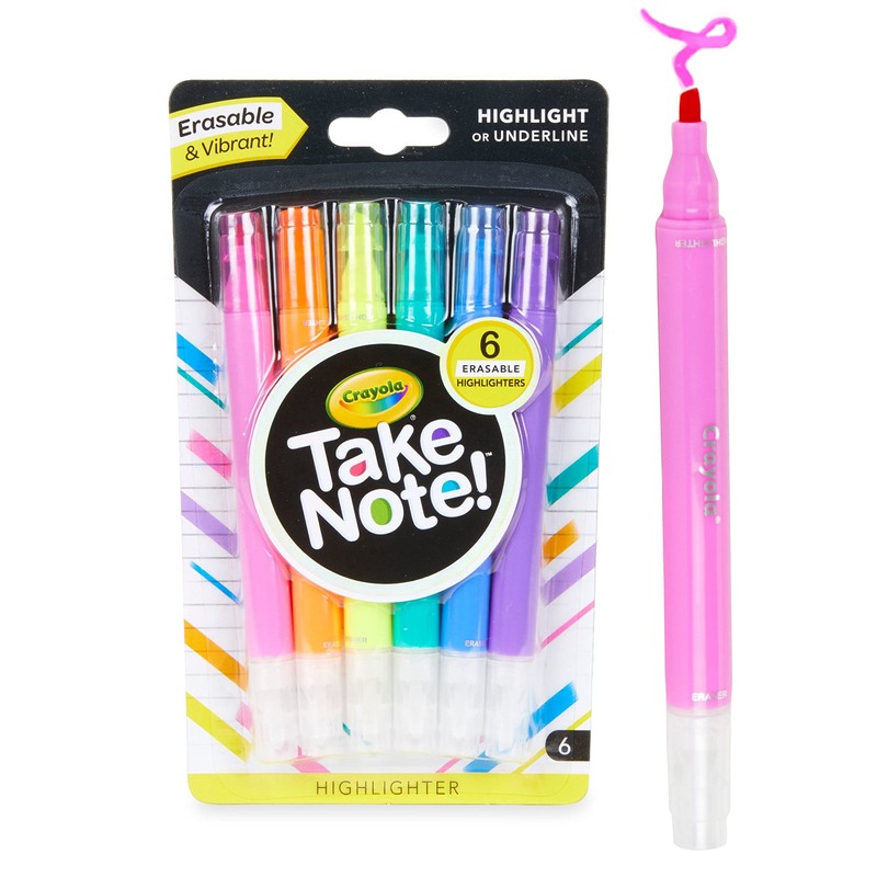 Crayola Take Note Erasable Highlighters (6ct), Assorted No Bleed Highlighters,