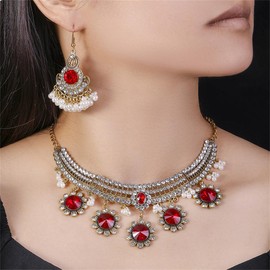 OIDIMS Crystal Indian Jewellery Set Boho Traditional Oxidized Ethnic Necklace Dangle Flower Daisy Earring Tassel Beaded Choker Tribal Bollywood Jhumka Jewelry Gift for Women Bride Wedding (Red)