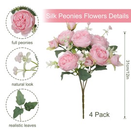 SOMYTING Peonies Artificial Flowers, Silk Flowers Faux Peonies Bouquet Fake Flowers Silk Floral Arrangements Dining Table Centerpieces for Home Wedding Party Decoration (Light Pink, 4PCS)