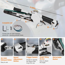 3/4" x 20.5" Air Belt Sander, Mini Belt Sander for Woodworking/Metal Working, 2 Belts (80/100#), Industrial Pneumatic Tool