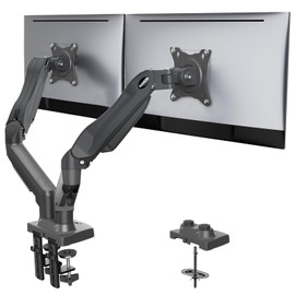 HUANUO Dual Monitor Stand - Full Adjustable Monitor Desk Mount Swivel Vesa Bracket with C Clamp, Grommet Mounting Base for 13 to 32 Inch Computer Screens - Each Arm Holds 4.4 to 19.8lbs -Grey