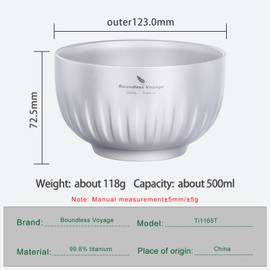 iBasingo 500ml Titanium Bowl Double Walled Oatmeal Food Rice Soup Bowl Ultralight Portable Tableware Outdoor Camping Metal Bowl Ti1165T
