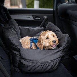 JACKO & CO Premium Medium Dog Car Seat – Safe & Cozy Travel Bed for Small & Med Dogs, Puppies, Pets under 40lbs, Clip-On Leash, Side Pockets, Water-Resistant, Machine Washable (Black Medium (25-40lbs)
