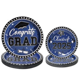 PARTY GO Party Tableware 50 Pieces, Graduation Blue Paper Plates Set Including 25 Pieces 23 cm Dinner Plates and 25 Pieces 18 cm Dessert Plates, Grad Cap Design for 2025 Graduation Party for 25 Guests