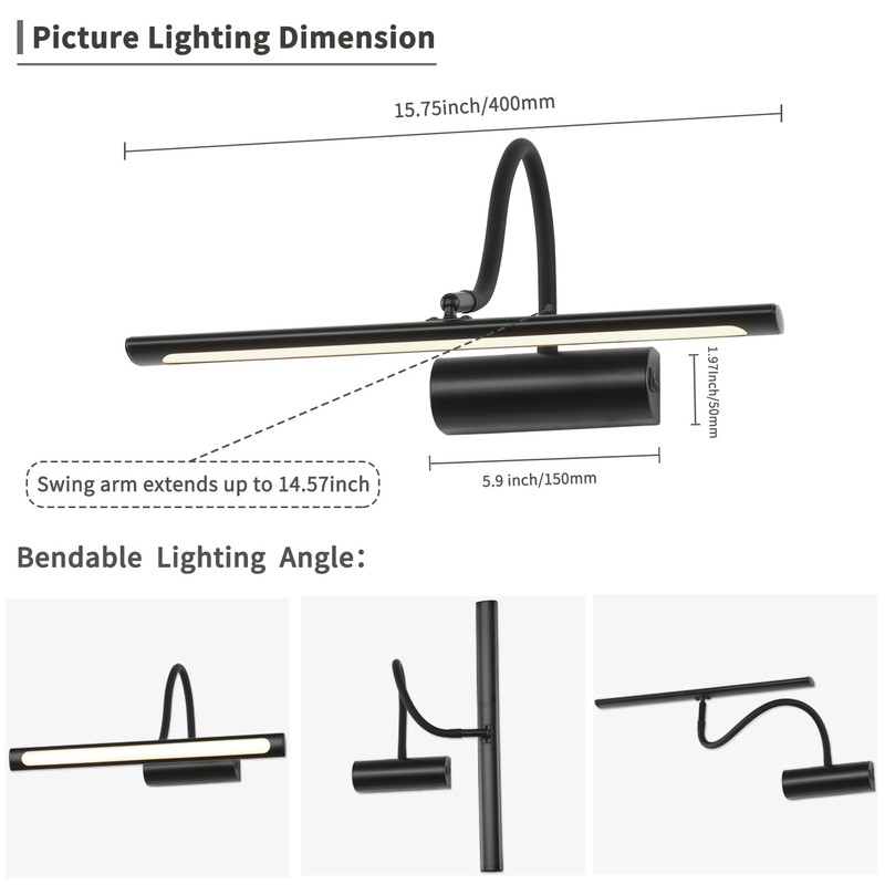 JOOSENLUX 16" Dimmable Picture Light, LED, Battery Operated, Wireless, Adjustable