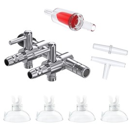 Pawfly 2-Way Air Distributor Stainless Steel Air Flow Regulator Check Valve Aquarium Air Control Valve for Air Pumps Fish Tank with 1 Check Valve & Straight Connections and 4 Suction Cups