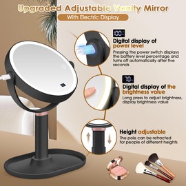 MIYADIVA Makeup Mirror with Lights, 30X/1X Magnifying Mirror with Digital Display, Height Adjustable Desk Mirror, Detachable for Travel, Vanity Mirror with Phone Holders and Tweezers, Black