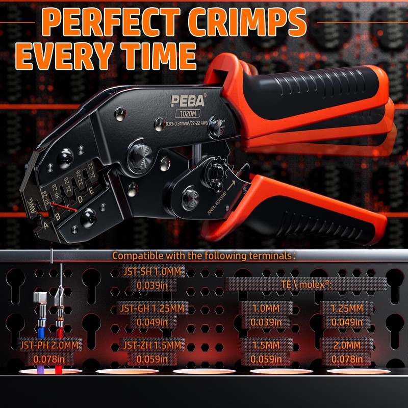 PEBA JST Ratcheting Crimper 32-22 AWG for 1.0mm/1.25mm/1.5mm/2.0mm Pitch Micro