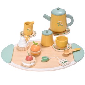 MONT PLEASANT 15pcs Wooden Tea Set for Little Girls, Toddler Tea Set Pretend Play Kitchen Accessories, Yellow Tea Party Set Kids Wooden Toys Playset Gift Play Food Toy with Cakes and Biscuits