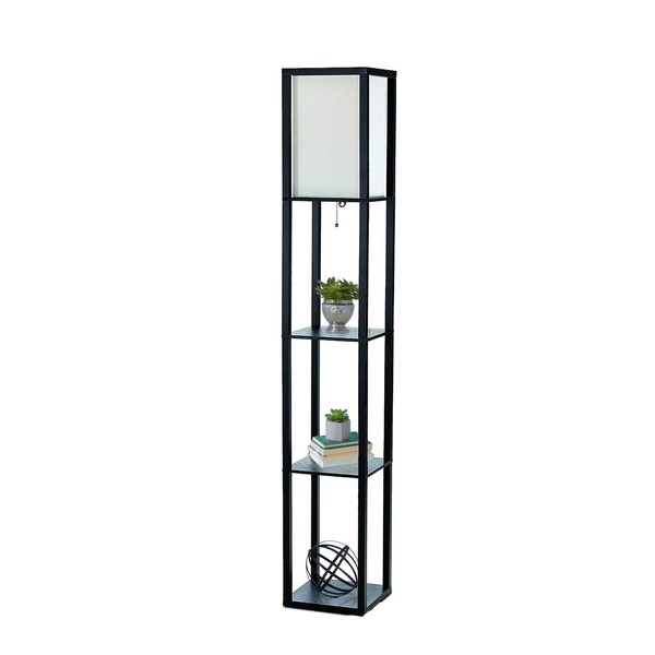 Simple Designs LF1014-BLK 62.5" Modern Etagere Organizer Storage 3 Shelf Floor Lamp with White Linen Fabric Shade for Home Décor, Office, Study, Bedroom, Living Room, Dining Room, Black