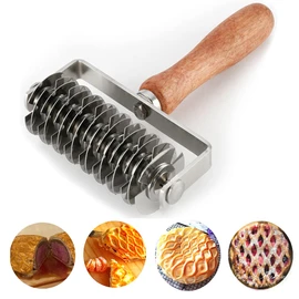 Stainless Steel Dough Lattice Top Cookie Pie Pizza Bread Pastry Crust Roller Cutter,Wood Handle