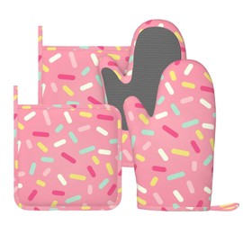Pink Desserts Donut Sprinkles Kawaii Oven Mitts and Pot Holders Sets of 4, Heat Resistant Silicone Oven Mittens and Potholders Gloves Hot Pads for Kitchen Cooking Baking Grilling BBQ Chef