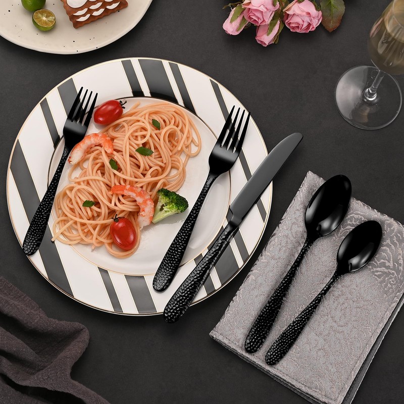 Black Hammered Silverware Set, 20-Piece Heavy Duty Stainless Steel Flatware