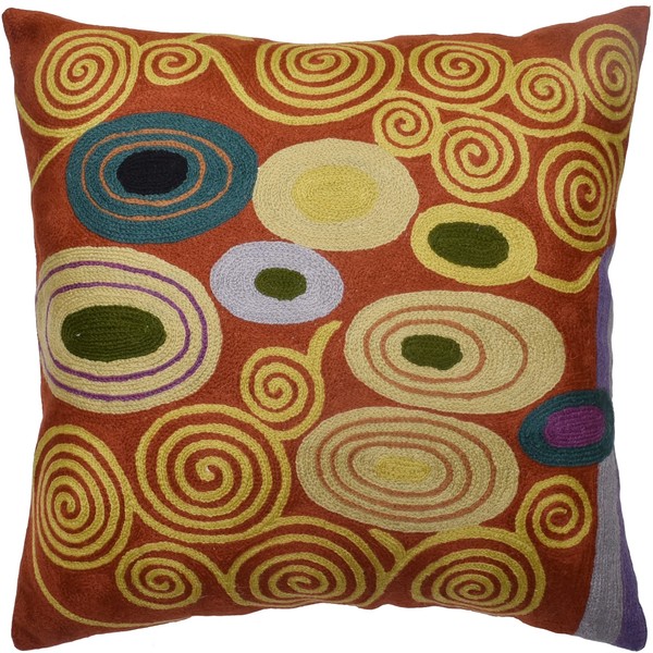 Kashmir Designs Klimt Rust Pillow Cover | Art Nouveau Bronze Pillows | Mid Century Modern Copper Pillowcase | Modern Chair Cushion | Modern Farmhouse Pillows | Hand Embroidered Wool Size 18x18