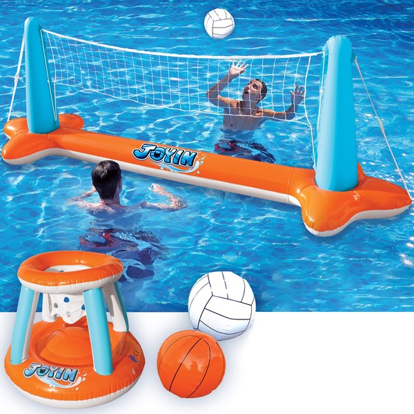 Inflatable Pool Float Set Volleyball Net & Basketball Hoops, Floating Swimming Game Toy for Kids and Adults, Summer Floaties, Volleyball Court (105”x28”x35”)|Basketball (27”x23”x27”),Orange
