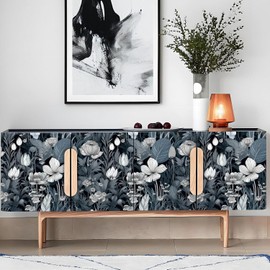 Livelynine Blue and White Floral Wallpaper Peel and Stick Garden Lotus Flower Wallpaper Self Adhesive Vintage Wall Mural Removable Vinyl Grey Navy White Contact Paper for Kitchen Cabinets 17.5x78.8"