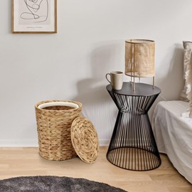 KCGANI Wicker Waste Basket with Lid and Liner, Handwoven Water Hyacinth Wicker Trash Can, Large Waste Paper Bucket Paper Scrap Bucket WasteBaskets for Bathroom, Bedroom, Kitchen, Office Garbage Can