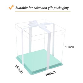 XININSUN 14x14x12inch clear cake box with ribbon,12inch14inch tall cake boxes for tiered cakes,layer cake carrier,disposable cake containers,ideal for wedding birthday party and gift display-Green