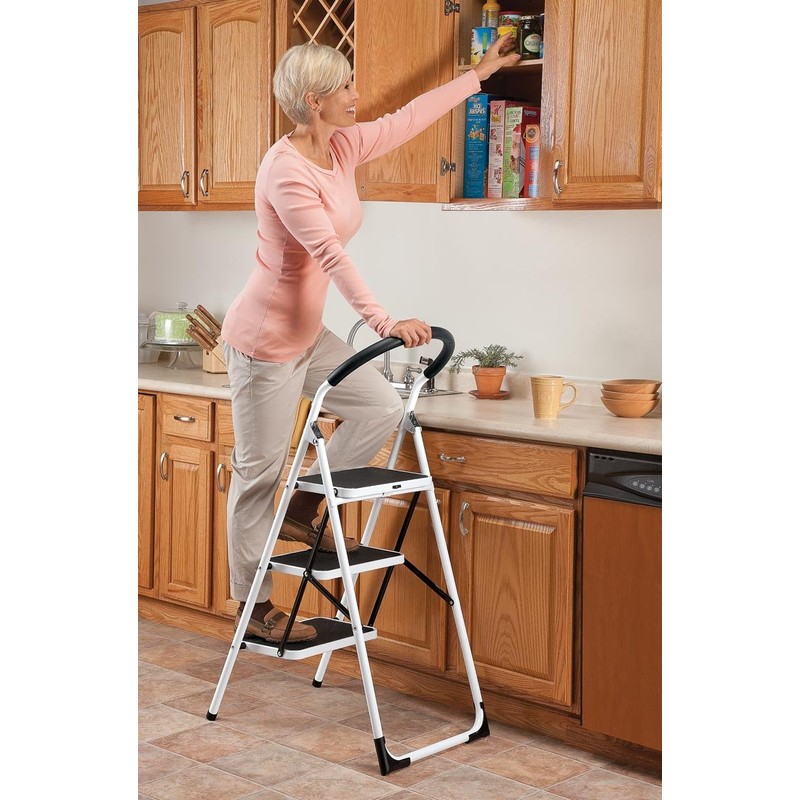 LivingSURE 3 Step Ladder Stool Combo with Handgrip, Anti-Slip Folding