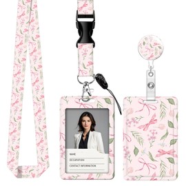 ID Badge Holder with Breakaway Lanyard, Retractable Badge Reel Name Tag, Cute Lanyards for ID Badges Ajustable, Teacher Nurse Work Office Gifts (Cute Bow Leaves)