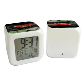 Fabulous Alarm Clock Cube Illuminated White - Red Fish on the Water Surface Nature - 7.8 x 7.8 x 7.8 cm - Retro Lighting Multicoloured LED