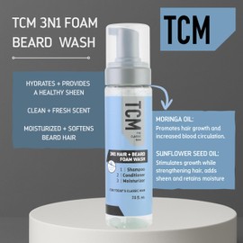 TCM 3N1 Hair + Beard Foam Wash, Shampoo & Conditioner for Softening & Hydrating, No-Rinse Foam Beard Cleanser for Care & Grooming 7.5 oz