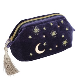 Handy cosmetic makeup bag,Navy Velvet Embroidered Applique Moon Stars Sun Cosmetic Bag,Starry Makeup Pouch with Tassels & Pearl Zipper,Beautician Storage Bag Clutch Handbags,Toiletry Wash Bag