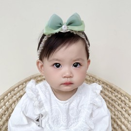 Rannyrena Bow Lace Headbands for Baby Girls Soft Tulle Ribbon Pearl Head Wrap Elastic Bow-knot Hair Band Shower Birthday Hair Accessory for Newborn Infant Toddler (Green C, Elastic)