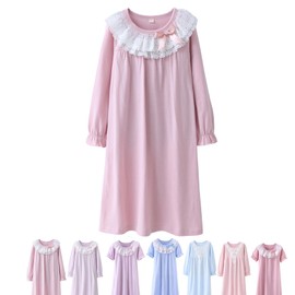 ABALACOCO Cotton Nightgown for Girls Short Long Sleeve Pajamas Dress Princess Kids Toddlers Pretty Lace Loose Sleepwear Dress (6-7 Years, Pink)