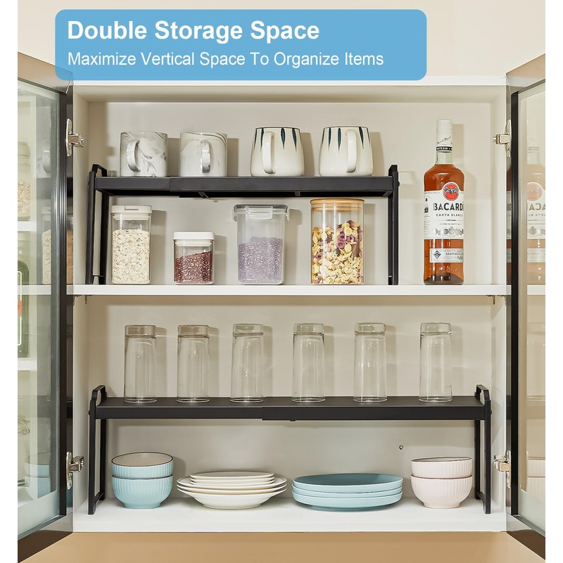 2 Pack Expandable Cabinet Countertop Shelves, Stackable Shelves Organizers For