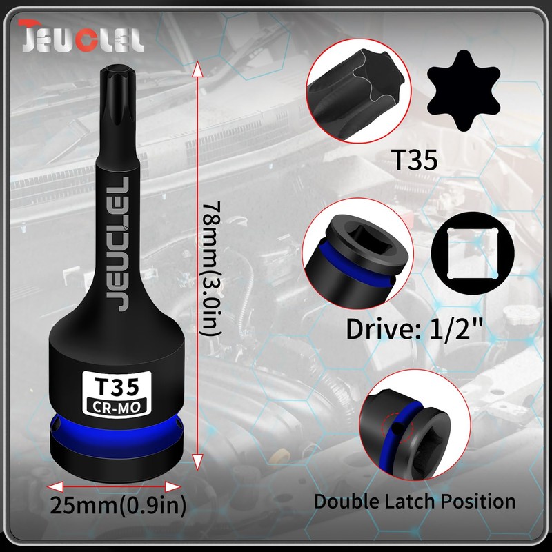 JEUCLEL T35 Torx Bit Socket, 1/2" Drive Torx Star 6