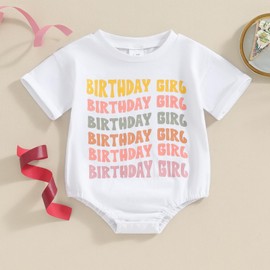 Kayotuas Baby 1st Birthday Outfit Boy Girl Birthday Bubble Romper Cute Birthday Girl White Tshirt Onesie Short Sleeve Bodysuit Top (Birthday Girl White, 6-12 Months)