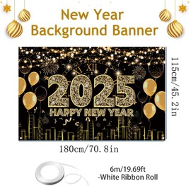 New Years Eve Decorations 2025, Happy New Year Banner, Extra Large Fabric Happy New Year Decorations, 71 x 45 Inch Black Gold Fireworks New Year Backdrop for New Year's Eve Party Supplies