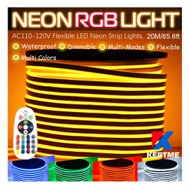 KERTME RGB LED Neon Light Strip, AC110-120V/Flexible/Waterproof/Dimmable/Multi-Colors/Multi-Modes Rope Light + 24 Keys Remote for Home/Garden/Building Decor (65.6ft/20m, RGB)