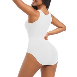 ONEW Shapewear Bodysuit for Women With Built In Bras Light Tummy Control Full Body Shaper V Neck Sleeveless Tank Tops,White,Small