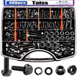 Taiss 400PCS Metric Flange Bolt Assortment kit,M6x1.0 Bolt, M8x1.25 Bolt, M10x1.5 Bolt (12mm to 45mm) 10.9 Black zinc Plating Hex Metric Bolts and Nuts Washers,Metric Bolt Assortment