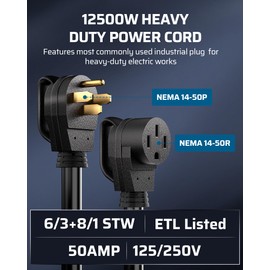 DEWENWILS 50 Amp RV Extension Cord, 125/250VAC 12500W Heavy Duty EV Power Cord, NEMA 14-50P to 14-50R 6/3+8/1 Copper Wire, STW Outdoor Waterproof Power Cable, for RV, EV, Camper, 10 Feet, ETL Listed