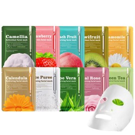 10-Piece Korean Skincare Sheet Masks - Hydrating Sheet Masks with Strawberry, Camellia & Green Tea (25ml Essence) for All Skin Types -Pamper Gifts for Women, Teen Girls & Men