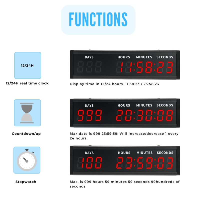 Digital Countdown Clock, LED Large Display Count Up/Count Down Timer,