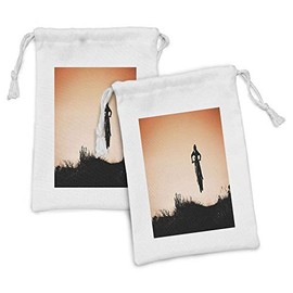 Ambesonne Sports Fabric Pouch Set of 2, Silhouette of Motorcycle Over the Hills Horizon Artwork Orangish Sunset, Small Drawstring Bag for Toiletries Masks and Favors, 9" x 6", Seal Brown Vermilion