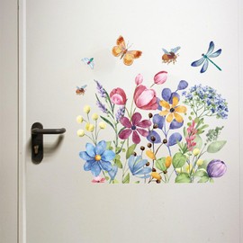 Retro Flower Wall Decals - Floral Wallpaper Flower Wall Stickers Butterfly Wall Decals Girls Bedroom TV Wall Decor 0826