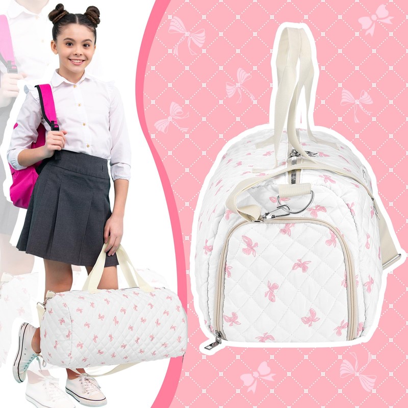 Dansydaisy Quilted Duffle Bag for Women Cotton Pink Bow Dance