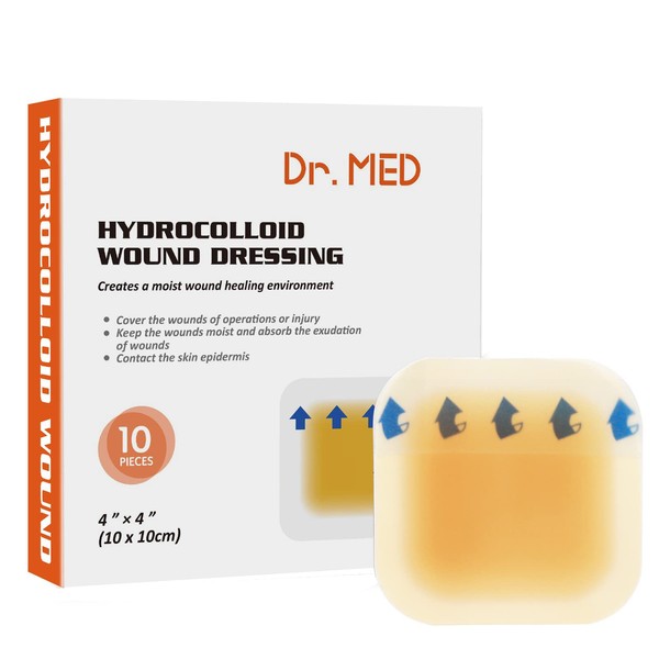 Dr. Med Hydrocolloid Wound Dressing 4"x4"-10 Pack/Box, Waterproof Adhesive Bordered Bandage, for Light Exudate, Abrasions, Pressure Ulcer, Bed Sore, Superficial Wound Care