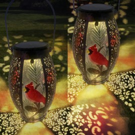 TEYIGARDEN 2PCS Outdoor Solar Lantern, Outdoor Solar Light Stained Glass & Metal Hanging Lantern Waterproof Tabletop Solar Lantern Lamp with Hollowed-Out Design for for Patio Table Garden(Cardinal)