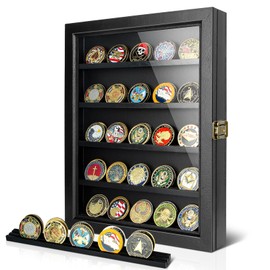ULTRGEE Challenge Coin Display Case, Coin Collection Display Stand for Wall Military Medal Shadow Box Display Cabinet with Removable Dual Recessed Shelves and Acrylic Panel -Black