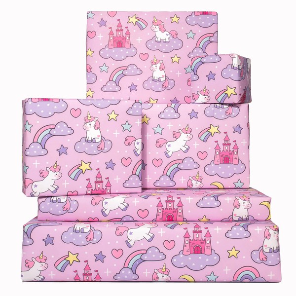 CENTRAL 23 Magical Wrapping Paper (x6) Sheets - Pink Unicorn Gift Wrap - Castles and Princesses - For Girls Kids New Baby - 1st 2nd 3rd