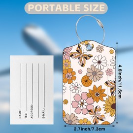 Mazumbuy 2 Pack Luggage Tags for Suitcases Retro Groovy Flowers and Butterfly Leather Luggage Tags Privacy Cover ID Label with Stainless Steel Loop and Address Card for Women Men Travel Bag Backpack